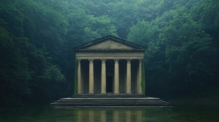 Ancient stone temple reflecting in still water amidst a misty forest.