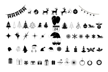 Collection of Christmas Icons and Decorations Elements with black color, interior design, various Christmas tree shapes, other Christmas decorations.