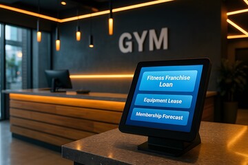A modern gym reception area, featuring an interactive touchscreen displaying fitness franchise loan and membership forecast options, offering a glimpse into health and business.