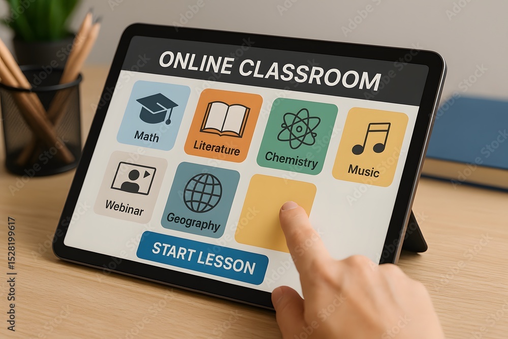 Poster a hand interacts with a tablet, indicating online class. a person pointing at screen and studying fo