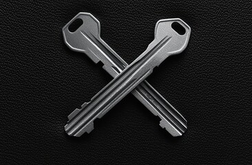 A set of keys is arranged in the shape of an X on a black leather background.