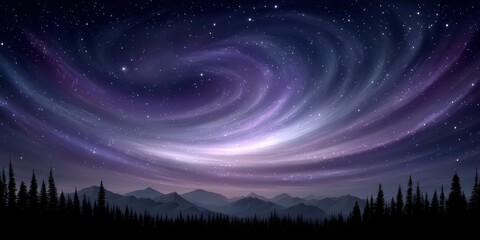 Fototapeta premium Stunning swirl of cosmic purple hues and bright stars framed by silhouette of mountains creating a mesmerizing starry night sky representing the beauty of the universe