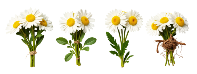 A bunch of white daisies with yellow centers and green leaves.