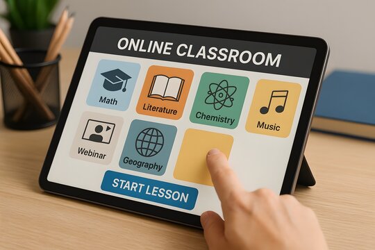 A hand interacts with a tablet, indicating online class. A person pointing at screen and studying for education. A modern digital learning platform is ready for student.