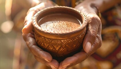 Close-up of hands holding traditional cacao drink in rustic bowl, perfect for cultural rituals, indigenous heritage, or ceremonial food experiences