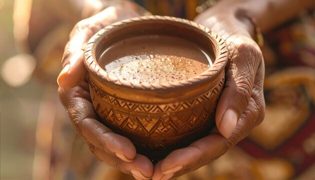 Close-up of hands holding traditional cacao drink in rustic bowl, perfect for cultural rituals, indigenous heritage, or ceremonial food experiences
