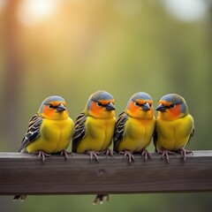 Naklejka premium Colorful birds perched on a wooden railing in a natural setting 