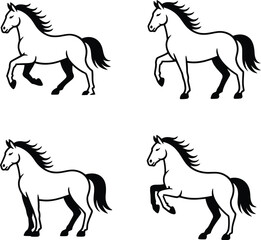 Four stylized horse illustrations in various poses, showcasing their elegance and strength in a classic black and white aesthetic