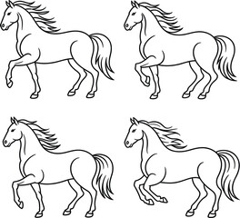 Four line art drawings of horses in different poses, showcasing their elegant and powerful features
