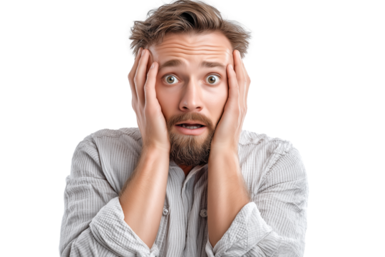 Man displaying panic with hands on head isolated on white background