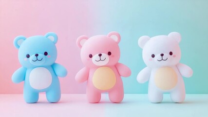 Cute pastel-colored bear figurines in a playful arrangement against a soft gradient background - Powered by Adobe
