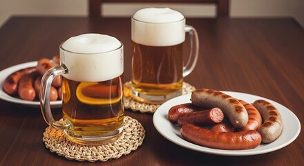 Close-Up of Wooden Table with Frothy Beer Mugs, Straw Coasters, and Sausage Plates