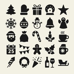 Set of 25 black silhouette icons on Christmas and New Year theme. Includes trees, snowflakes, gifts, ornaments, and festive symbols. Minimalist flat vector for winter holiday designs.