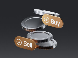 3D illustration of metal coins with "Buy" and "Sell" buttons, representing financial trading and investment concepts.