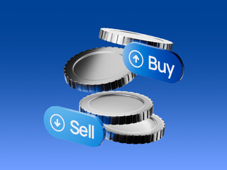 3D illustration of metal coins with "Buy" and "Sell" buttons, representing financial trading and investment concepts.