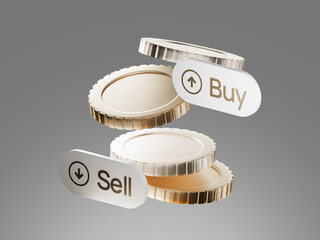3D illustration of metal coins with "Buy" and "Sell" buttons, representing financial trading and investment concepts.