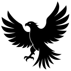 Obraz premium A black silhouette of an eagle with wings spread wide, isolated on white background