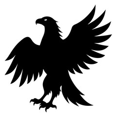 Obraz premium Black eagle silhouette with wings spread wide, isolated on white background