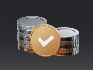 3D render of stacked coins with a check mark symbol in front. Represents successful payment, financial approval, or confirmation in a digital interface.