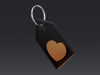 3D render of a black product tag with a golden heart symbol. Concept for favorite item, user rating, gift tag, emotional value, or customer preference in shopping.