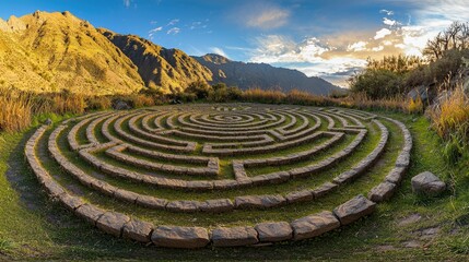 Stone maze set in a grassy landscape.