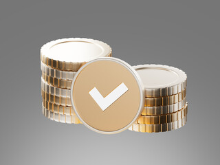 3D render of stacked coins with a check mark symbol in front. Represents successful payment, financial approval, or confirmation in a digital interface.