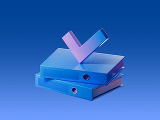 3D render of two office folders with a check mark symbol on top. Represents approved documentation, document verification, or successful record processing.