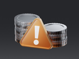 3D render of stacked coins with an exclamation mark warning sign in front. Concept of financial alert, payment issue, or transaction error in digital systems.