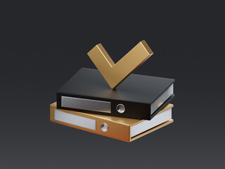 3D render of two office folders with a check mark symbol on top. Represents approved documentation, document verification, or successful record processing.
