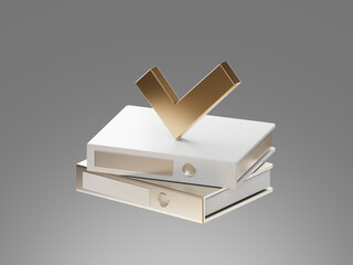 3D render of two office folders with a check mark symbol on top. Represents approved documentation, document verification, or successful record processing.