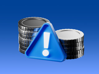 3D render of stacked coins with an exclamation mark warning sign in front. Concept of financial alert, payment issue, or transaction error in digital systems.