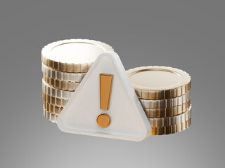 3D render of stacked coins with an exclamation mark warning sign in front. Concept of financial alert, payment issue, or transaction error in digital systems.
