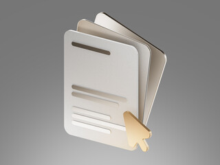 3D illustration of layered documents with a cursor pointer, representing online forms, digital files, or document interaction.