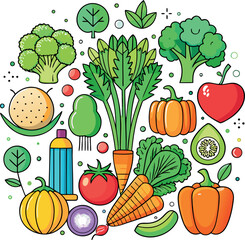 fresh vegetables including carrots, broccoli, and bell peppers, clean vector