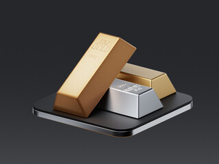 3D render of stacked gold and silver bars on dark platform. Symbol of precious metals, wealth, financial security, investment assets, and commodity trading.