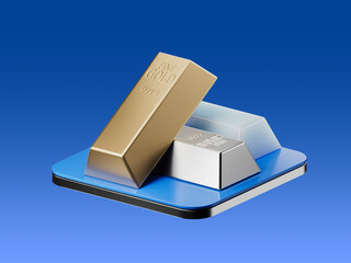 3D render of stacked gold and silver bars on dark platform. Symbol of precious metals, wealth, financial security, investment assets, and commodity trading.