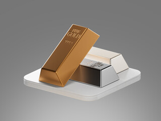 3D render of stacked gold and silver bars on dark platform. Symbol of precious metals, wealth, financial security, investment assets, and commodity trading.