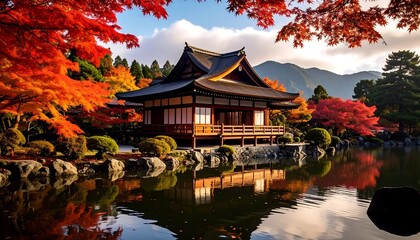 Autumn Temple Pond Reflection.