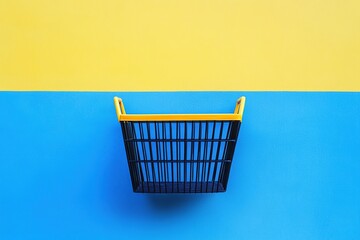 A shopping basket on a blue and yellow background, a minimalist conceptual photograph