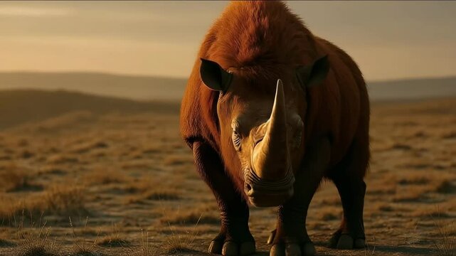 Coelodonta antiquitatis woolly rhinoceros with thick fur coat in golden savanna light. Ice age rhinoceros showcasing distinctive horn and cold-adapted features in prehistoric landscape.