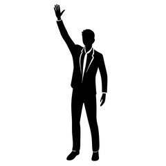 A businessman in a suit waves his hand, isolated on white background