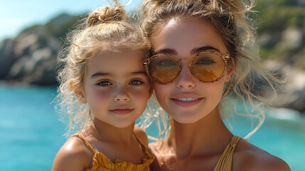 Mother and Daughter Embrace by the Turquoise Sea