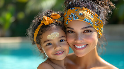 Loving Mother and Daughter Applying Sunscreen by the Pool