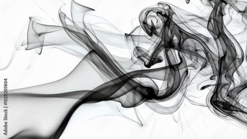 Poster abstract plumes of dark smoke swirl and drift across a bright white background, creating elegant, fl