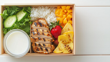 healthy kid lunch box contains, rice, chicken, vegetables and fruit, a glass of milk on the side