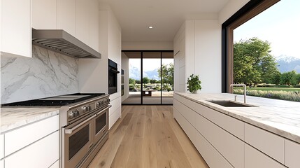 Modern kitchen with white cabinets, marble countertops, stainless steel appliances, wooden floor, and a scenic outdoor view.