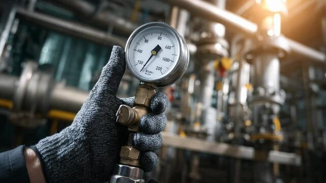 Industrial Worker Checking Pressure Gauge in Factory Environment with Focused Closeup