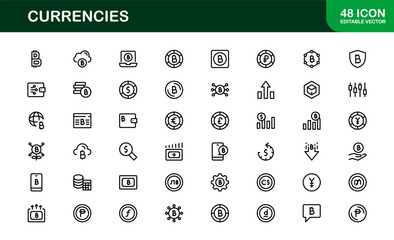 Currency Icon Set with Modern Vector Designs for Finance Apps Banking Money Trade Investment Digital Economy Minimalist Style Icons for Commercial Use