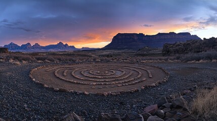 Spiral stone path at sunset in a desert landscape.