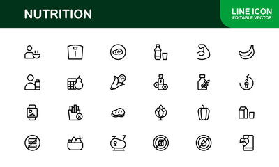 Nutrition Icon Set Featuring Modern, Clean, and Versatile Designs Perfect for Health, Wellness, and Food Projects